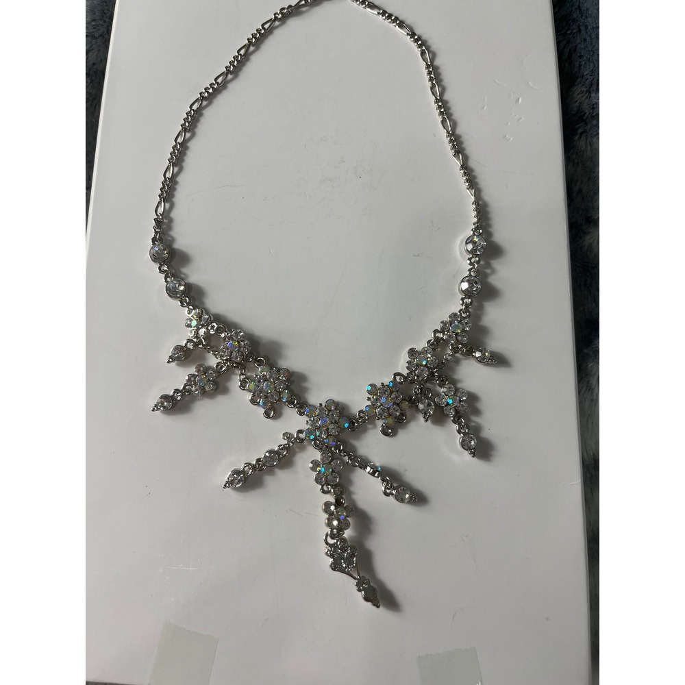 Sparkling Necklace Womens Silver Excellent AB Rhinestone Floral Y-Drop Formal